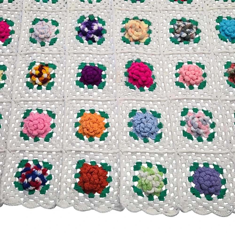 Vintage 3D Crochet Granny Square Blanket Floral White Handmade Afghan Throw